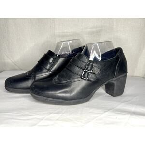 Thom McAn y2k Clover Black Leather Mule Clog Buckle Heeled Booties‎